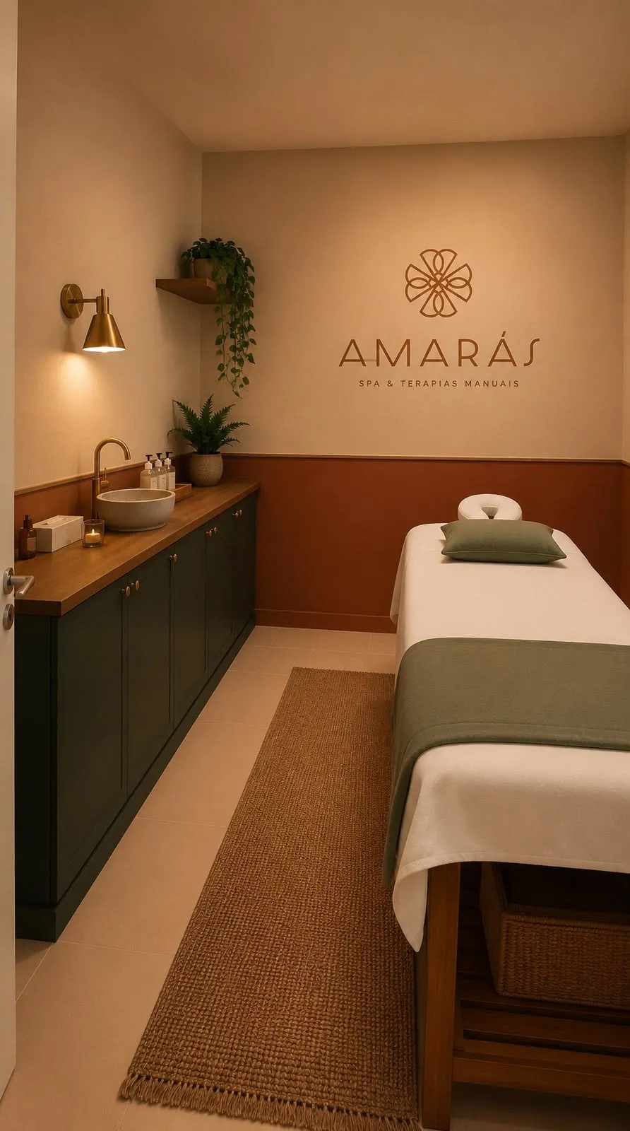 Projeto da sala de atendimento da Amarás Spa Nova Odessa, com maca e bancada